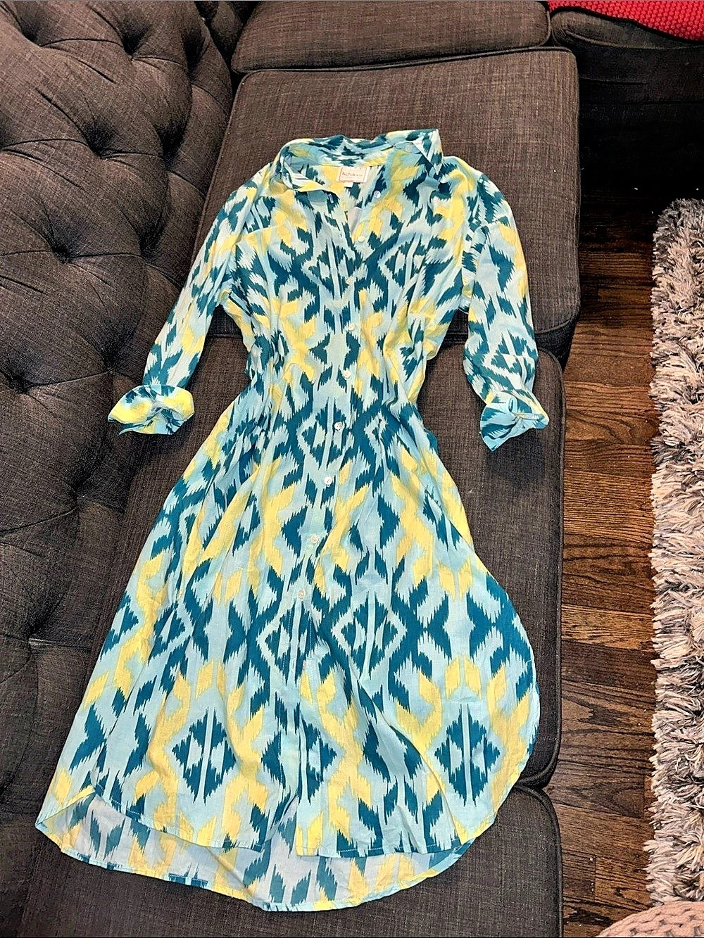 Achilleas Geometric Midi Dress in Blue & Yellow Size Medium
